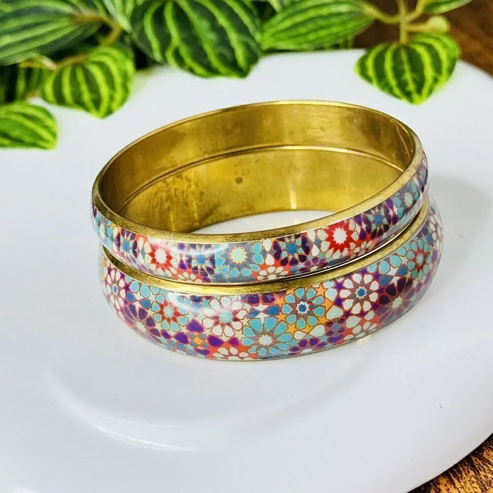 2 Vintage Brass Bracelet Bangle Floral Colorful Cottage Core Tel Blue Red